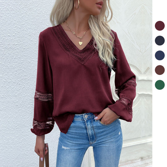 Damen Hemdbluse mit Spitzenakzenten und modernem V-Ausschnitt R&B