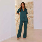 Damen Elegantes Satin-Pyjama-Set mit klassischem Kragen und bequemen weit geschnittenen Hosen R&B