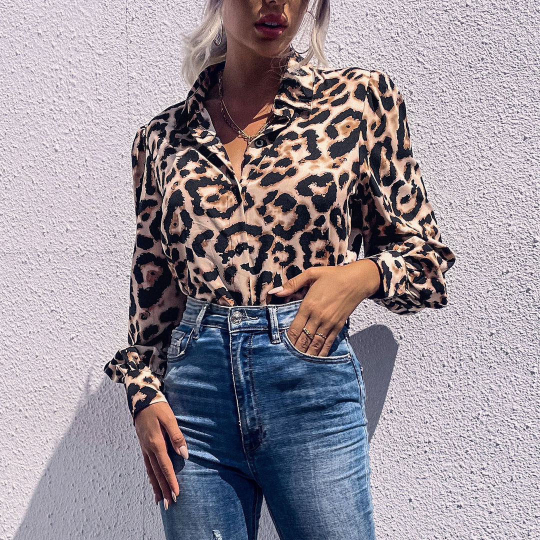 Damen elegante Bluse mit Leopardenmuster und feinen Details R&B