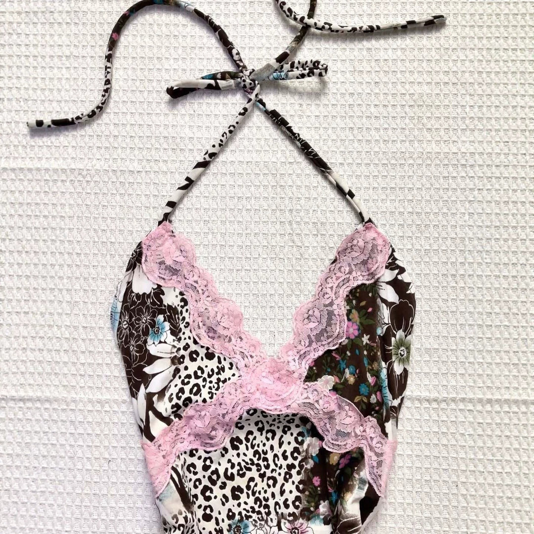 Damen Verspieltes Haltertop mit floralem und Leopardenmuster R&B