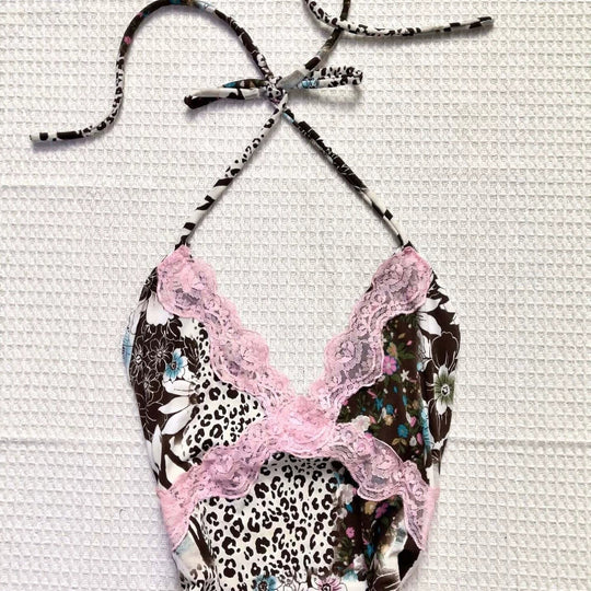Damen Verspieltes Haltertop mit floralem und Leopardenmuster R&B