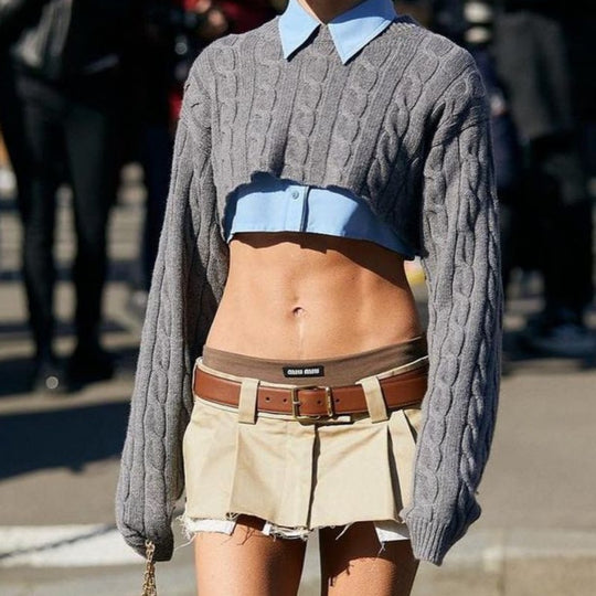 Damen lässiger Crop-Pullover mit Zopfmuster R&B