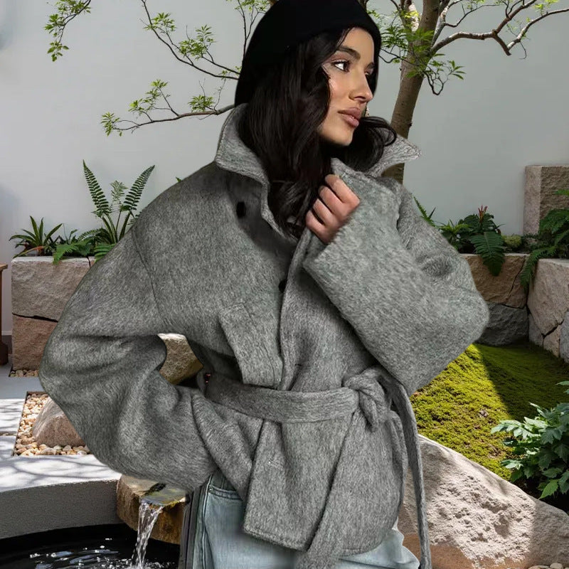 Damen Oversized Wollmantel mit Gürtel R&B