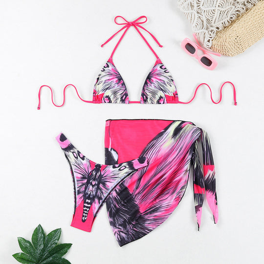 Damen Triangel-Bikini mit verspieltem Wickeldetail und buntem Tropenmotiv R&B