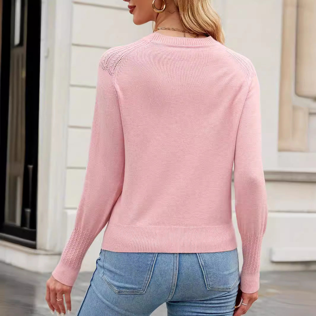 Damen eleganter Strickpullover mit kunstvoller Spitzenstruktur und elegantem Rundhalsausschnitt R&B