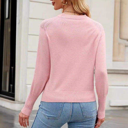 Damen eleganter Strickpullover mit kunstvoller Spitzenstruktur und elegantem Rundhalsausschnitt R&B