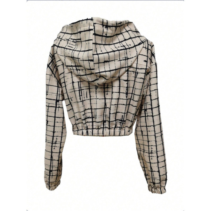 Damen stylische kurz geschnittene Jacke mit geometrischem Muster und moderner Kängurutasche R&B