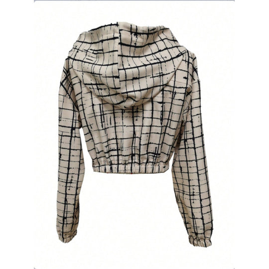 Damen stylische kurz geschnittene Jacke mit geometrischem Muster und moderner Kängurutasche R&B