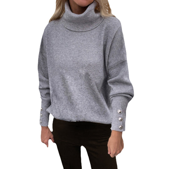 Damen Grobstrickpullover mit Rollkragen und Knopfdetail R&B