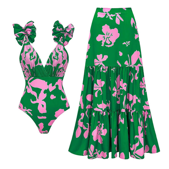 Damen Einteiler Badeanzug mit voluminösen Rüschen und floralem Design R&B