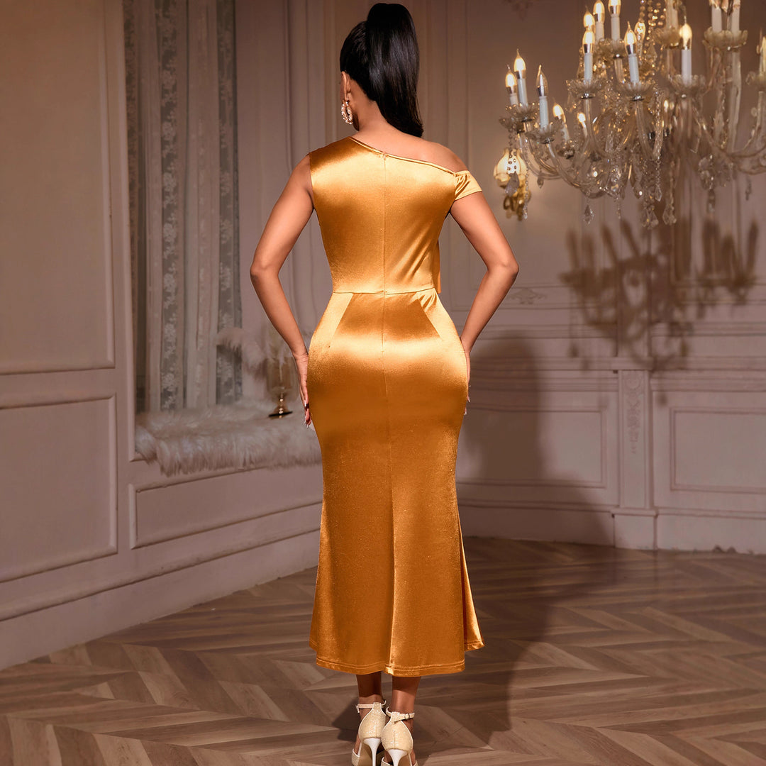 Damen elegantes Satin-Cocktailkleid mit Schulterfalten und Seitenschlitz R&B