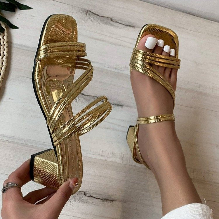 Damen nan elegante Mehrfachriemen-Mule mit mittelhohem Blockabsatz und Schlangenprägung R&B
