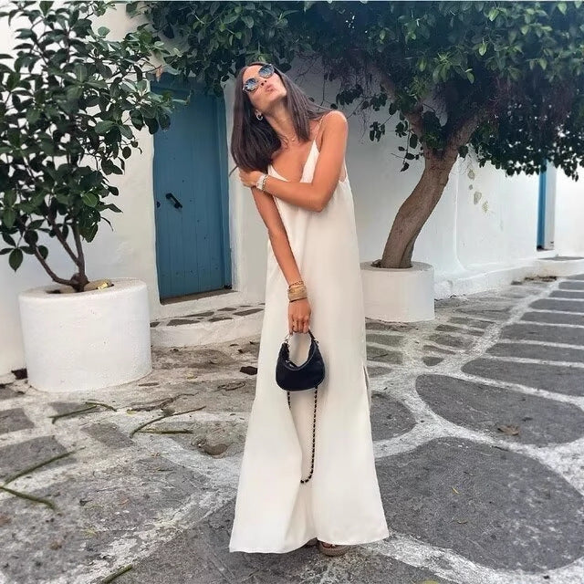 Damen Maxikleid mit seitlichem Schlitz und modernen Trägern R&B