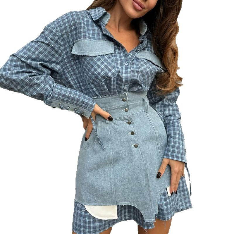 Damen modisches Hemdblusenkleid mit Denim-Elementen R&B