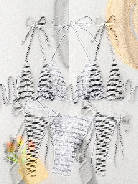 Damen Triangel-Bikini mit feinem Streifenmuster und raffinierten Bindebändern R&B
