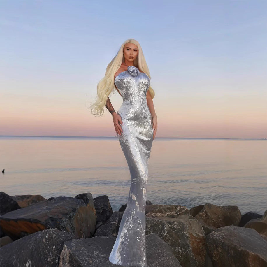 Damen glamouröses Pailletten-Maxikleid mit elegantem Stehkragen R&B