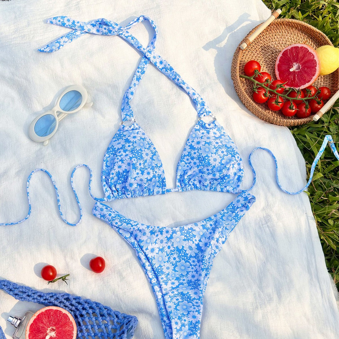 Damen Triangel-Bikini mit verspieltem Blumendesign und modischen Bindebändern R&B