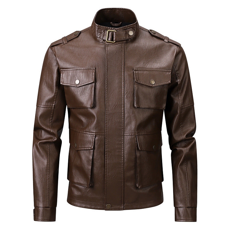 Herren Militärjacke aus Kunstleder mit praktischen Taschen und hohem Kragen R&B