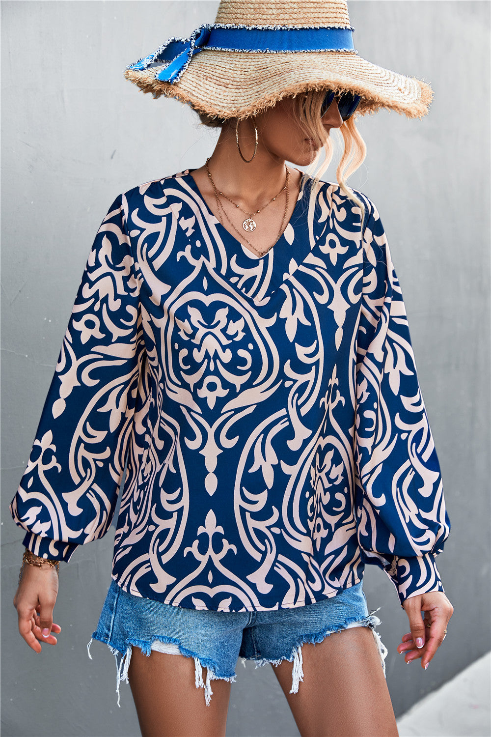 Damen Bluse mit elegantem Barockmuster und lässigen Puffärmeln R&B