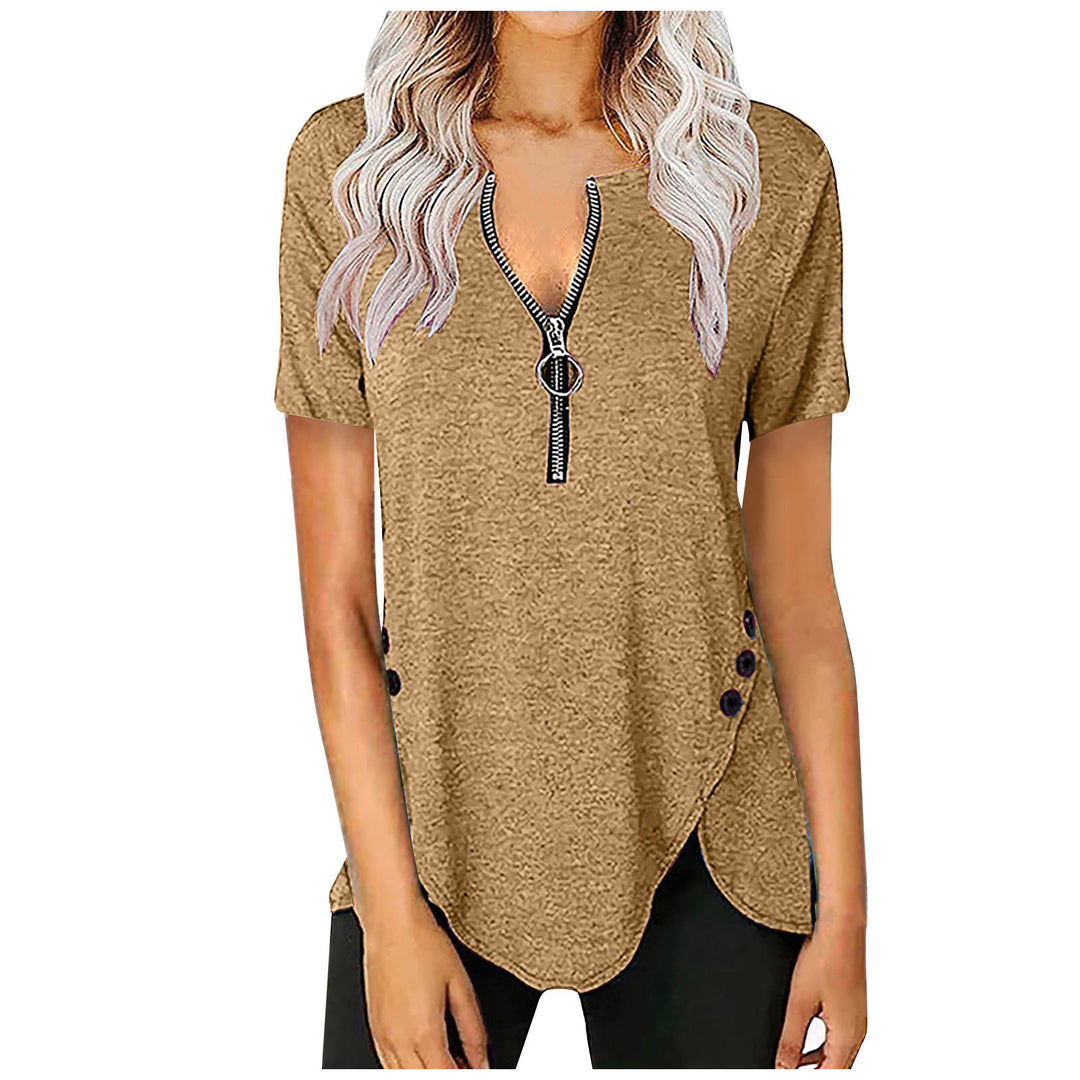 Damen Kurzarmshirt mit asymmetrischem Saum und Reißverschluss R&B
