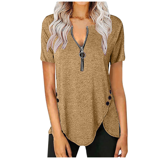 Damen Kurzarmshirt mit asymmetrischem Saum und Reißverschluss R&B
