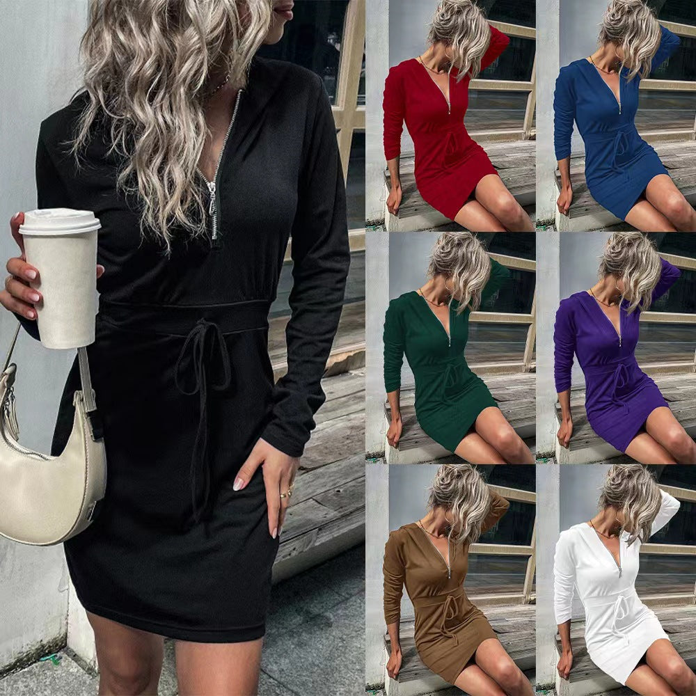 Damen Kapuzenkleid mit Reißverschluss und Taillenzug R&B