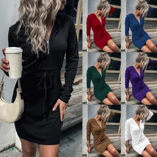 Damen Kapuzenkleid mit Reißverschluss und Taillenzug R&B