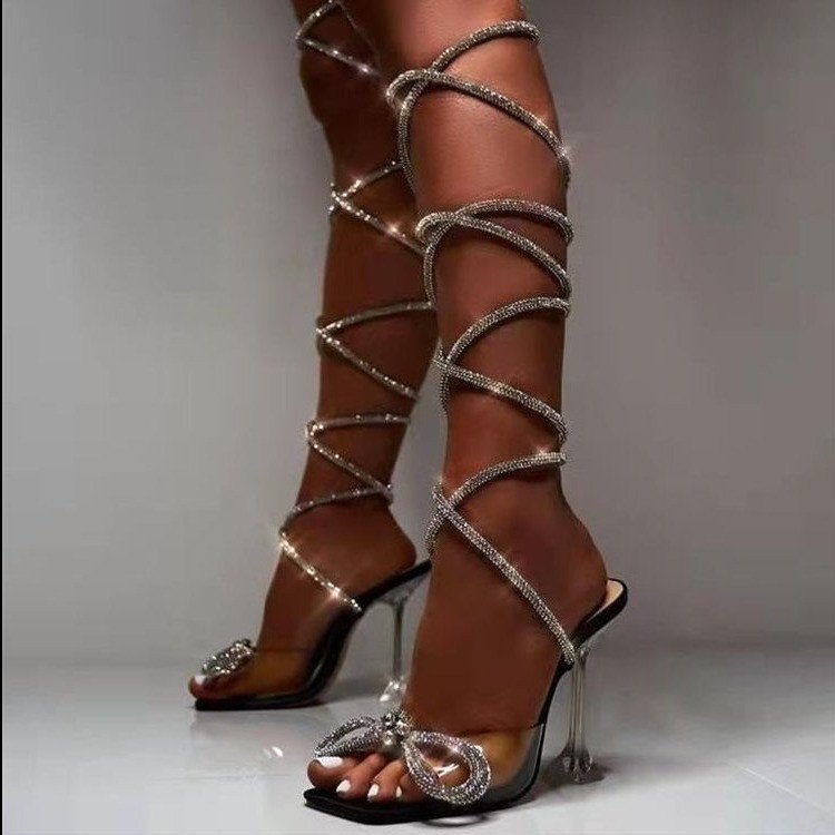 Damen Durchsichtige Absatzsandalen mit funkelndem Riemendesign und Schleifenakzent R&B