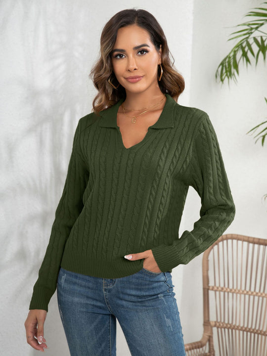 Damen Strickpullover mit V-Ausschnitt und Zopfmuster R&B