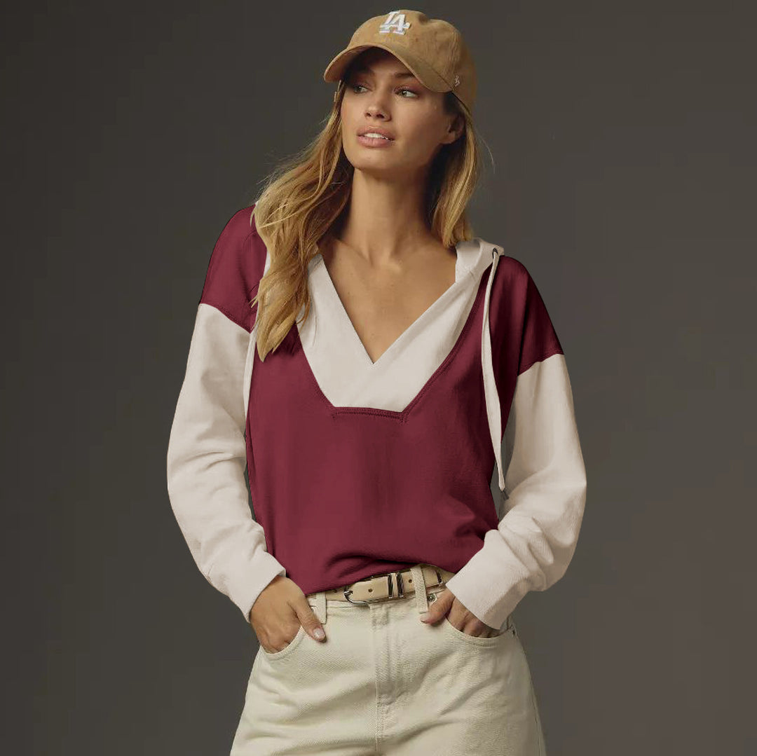 Damen Lässiger Kapuzenpulli mit V-Ausschnitt und bequemen Ärmeln R&B