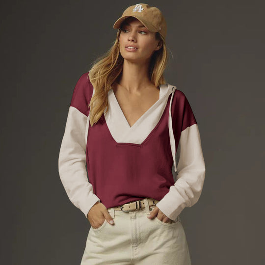 Damen Lässiger Kapuzenpulli mit V-Ausschnitt und bequemen Ärmeln R&B