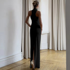 Damen elegantes langes Abendkleid mit halbem Kragen und edlen Akzenten R&B