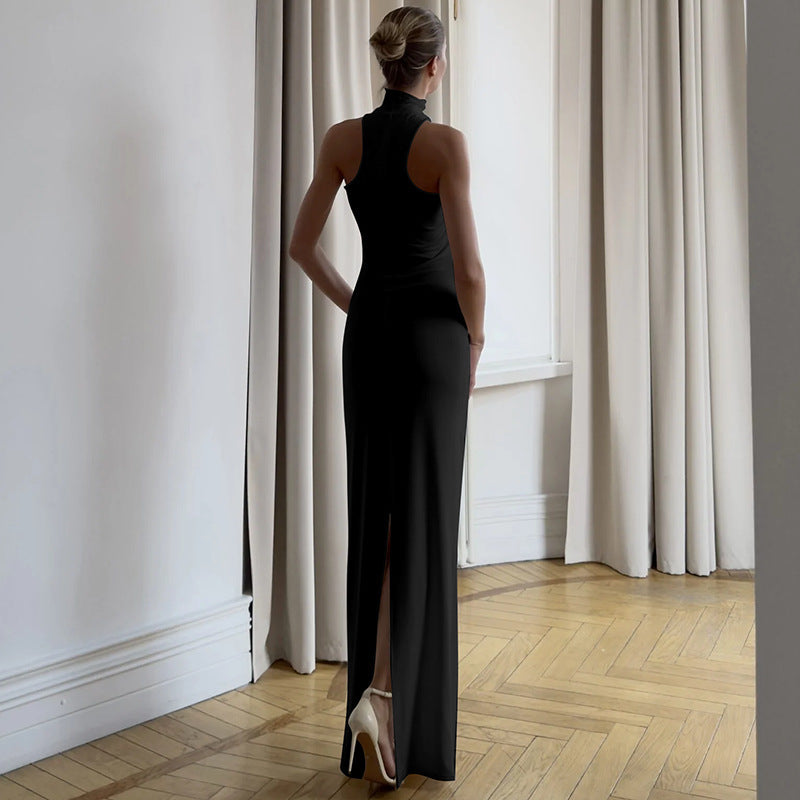 Damen elegantes langes Abendkleid mit halbem Kragen und edlen Akzenten R&B