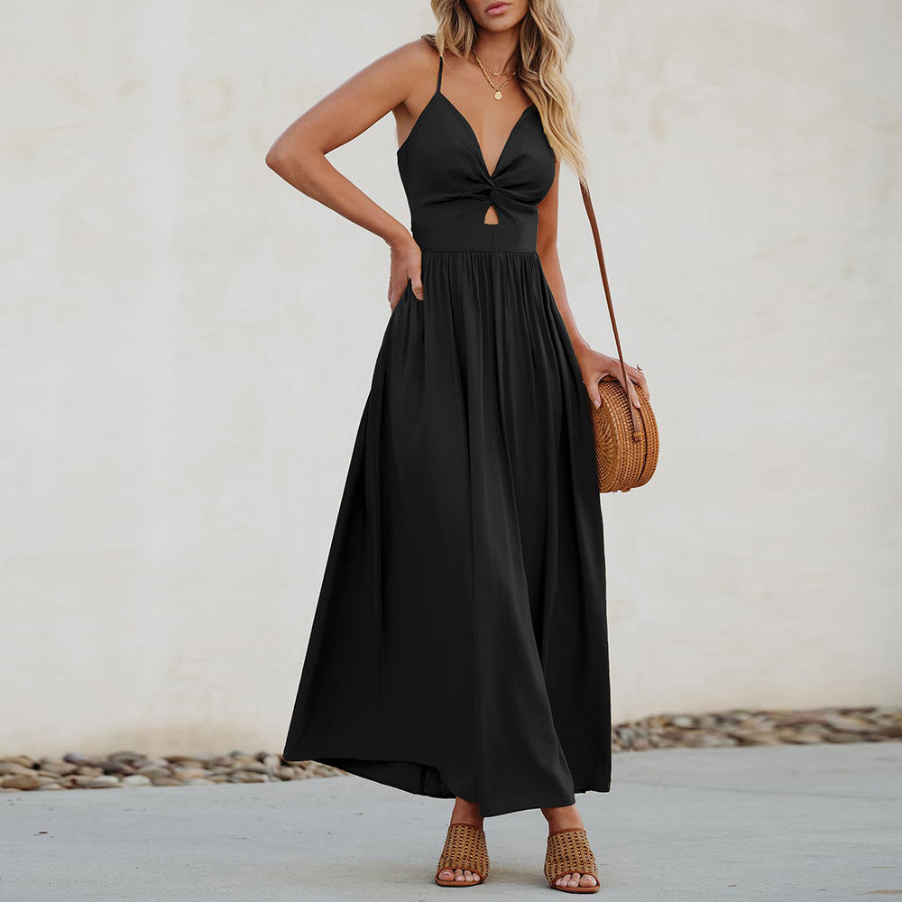 Damen Maxikleid mit raffinierter Knopfdetail und elegantem tiefem Ausschnitt R&B
