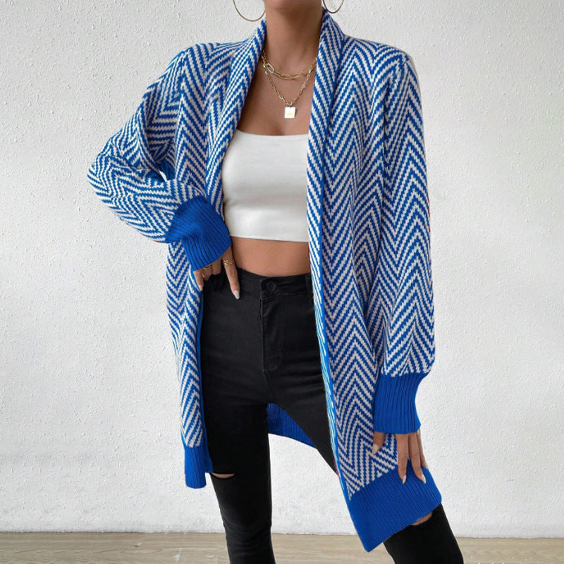 Damen langärmlige Strickjacke im modernen Chevron-Design R&B