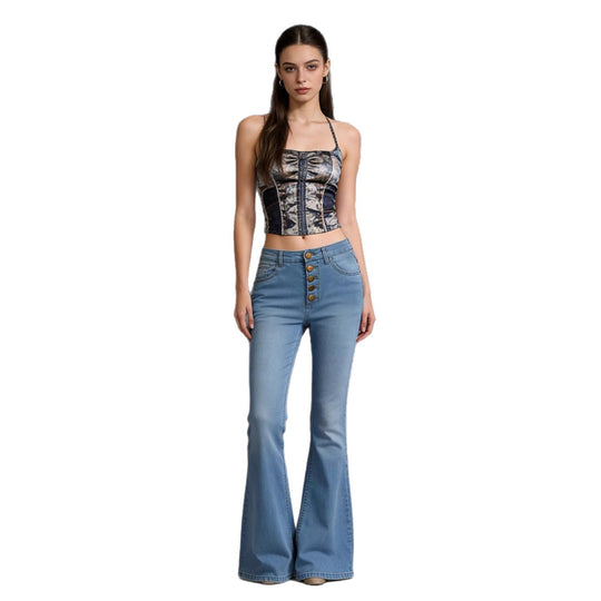 Damen Schlagjeans mit bunten Knopfdetails und hohem Bund R&B