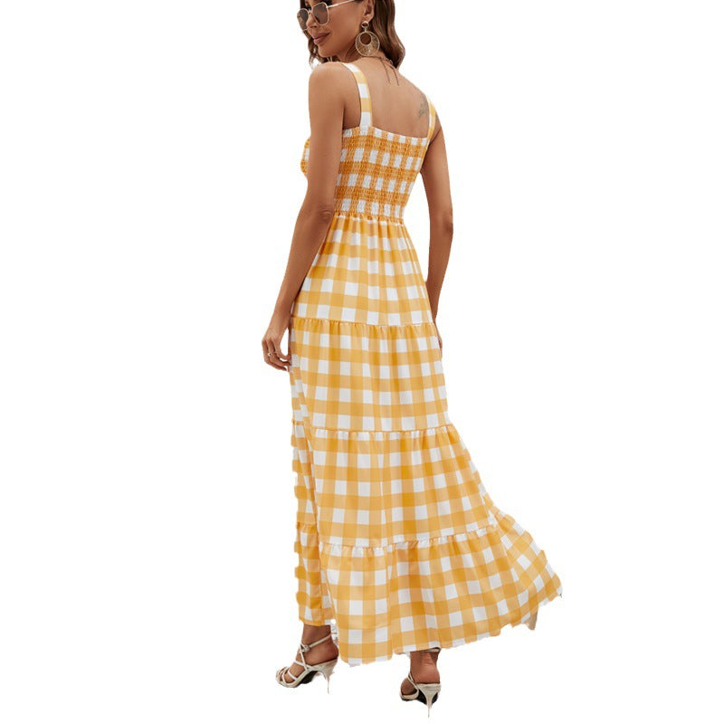 Damen Maxikleid mit Karo-Muster und elastischem Oberteil R&B