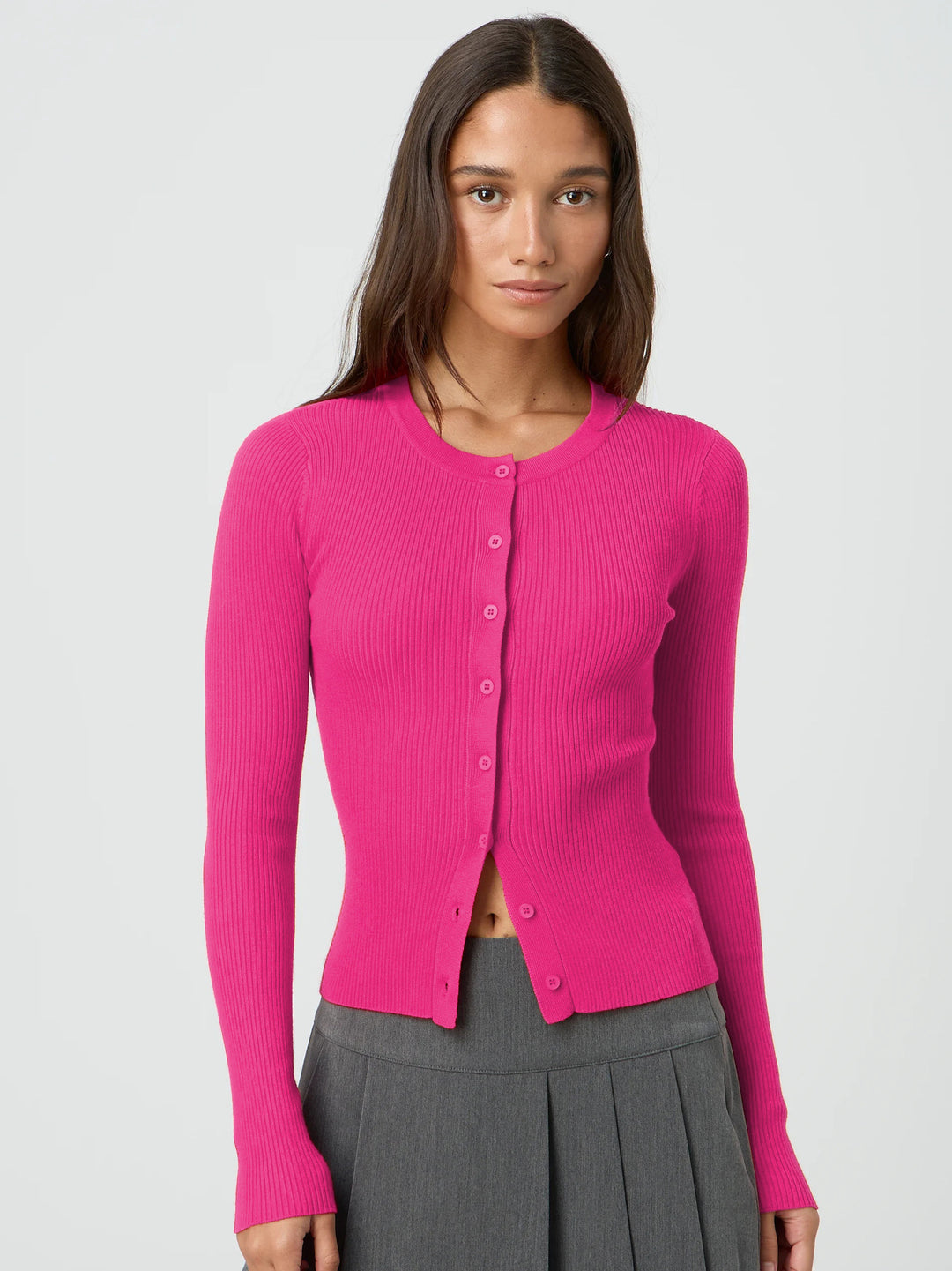 Damen figurbetonte Strickjacke mit Knopfleiste und langen Ärmeln R&B