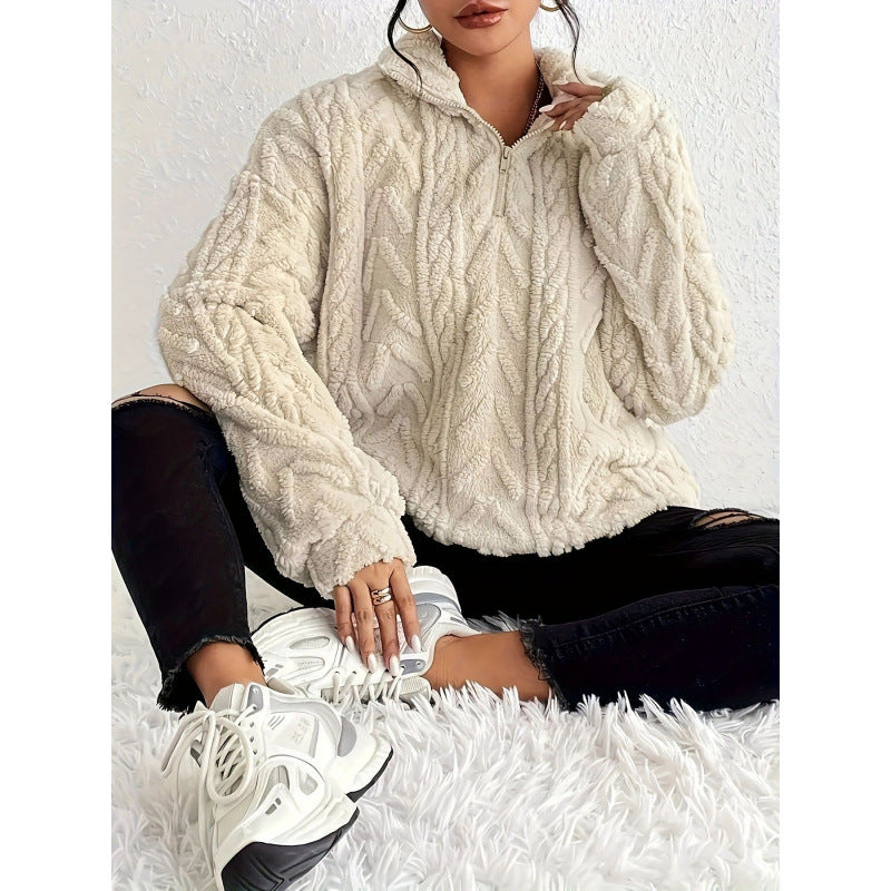 Damen kuscheliger Fleece-Pullover mit hochgeschlossenem Kragen und Reißverschluss R&B