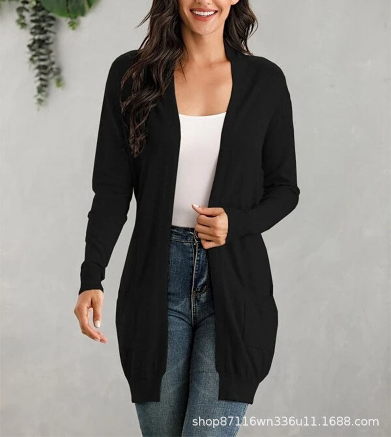 Damen Lange Strickjacke mit offenen Front und praktischen Taschen R&B