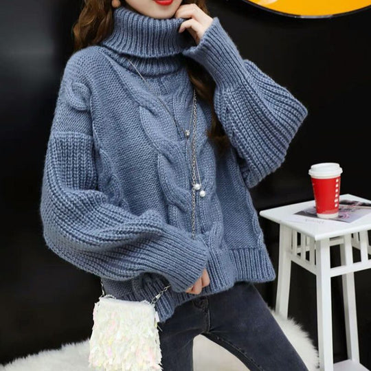 Damen Grobstrickpullover mit hohem Rollkragen und modernem Zopfmuster R&B