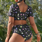 Damen Bikini-Set mit floralen Rüschen und hohem Taillenslip R&B