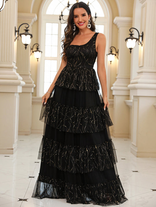 Damen Elegantes Schichtkleid mit Glitzerakzenten und Tülldetails R&B