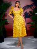 Damen Rüschenmaxikleid mit floralen Applikationen und Puffed-Ärmeln R&B