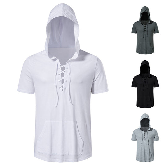 Herren Kurzarm-Hoodie mit lässigem Lacing-Design und praktischer Kängurutasche R&B