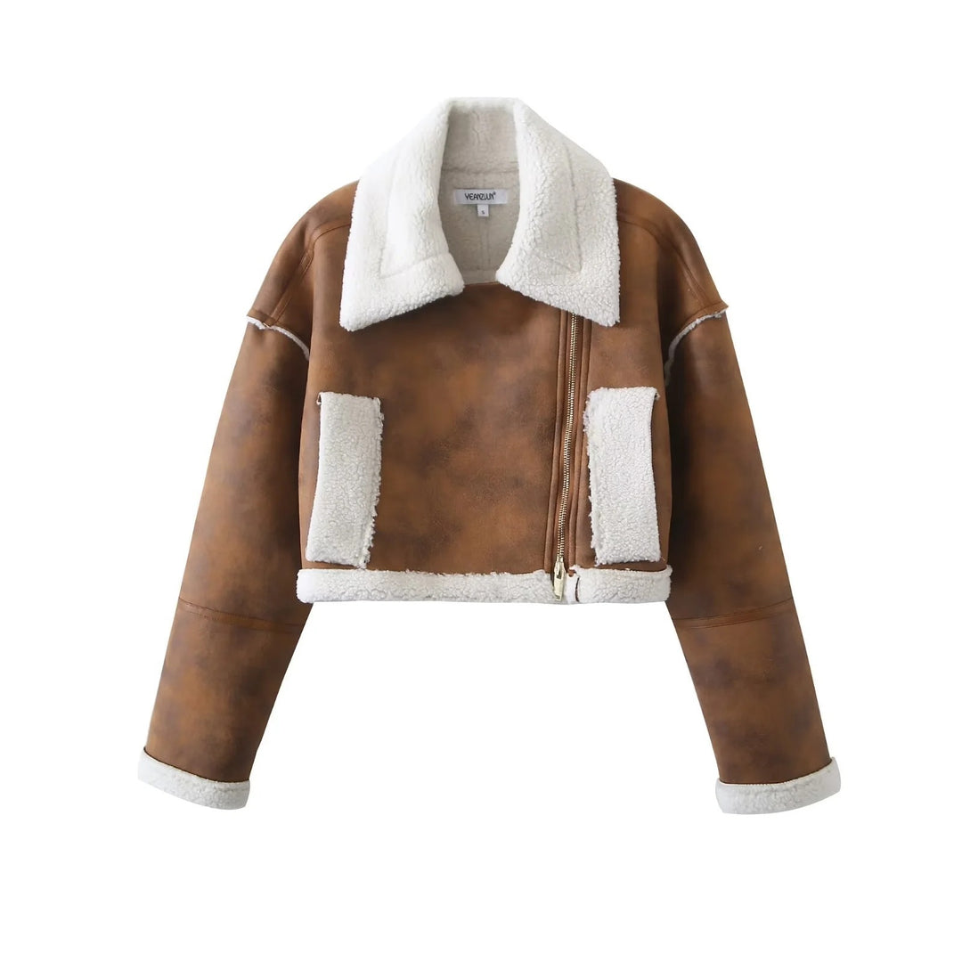 Damen cropped Kunstlederjacke mit kuscheligem Teddyfutter und praktischen Taschen R&B