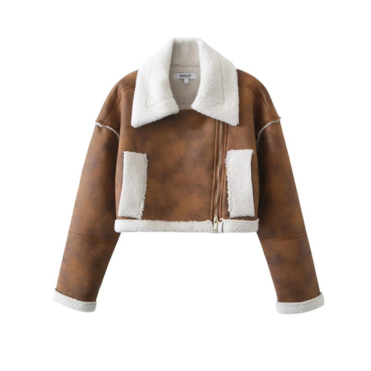 Damen cropped Kunstlederjacke mit kuscheligem Teddyfutter und praktischen Taschen R&B