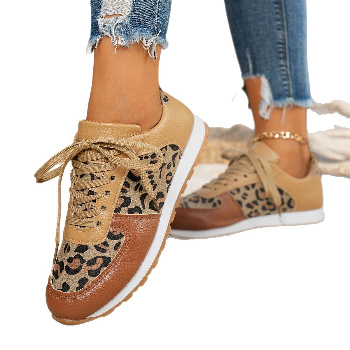Damen Sneaker mit Leopardenmuster und atmungsaktiver Sohle R&B