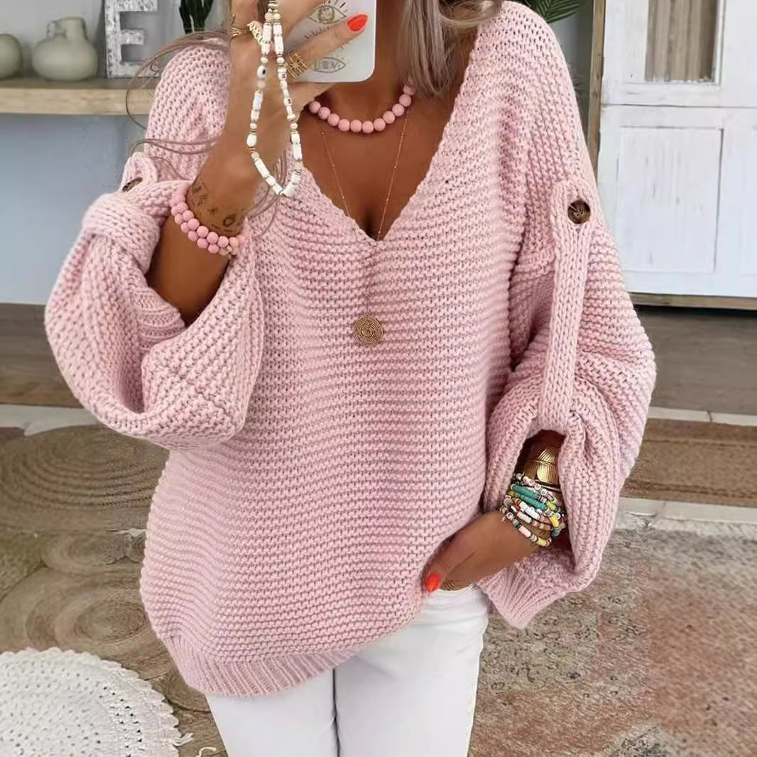 Damen V-Ausschnitt Strickpullover mit weitem Schnitt R&B