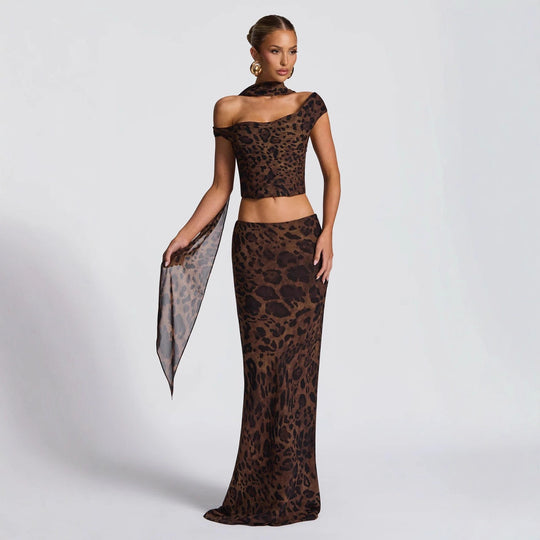 Damen Elegantes Set aus Crop-Top und Maxirock mit Leopardenmuster R&B